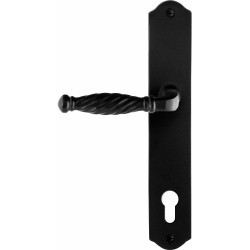 GPF6225600262-22 SMEEDIJZER ZWART, TULI DEURKRUK OP SCHILD SMEEDIJZER ZWART 238X41X4MM LINKS-/RECHTSWIJZEND