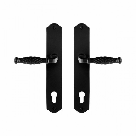 GPF6225.60 SMEEDIJZER ZWART TULI DEURKRUK OP SCHILD PC92, 238X41X4MM