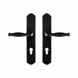 GPF6225600142-22 SMEEDIJZER ZWART, TULI DEURKRUK OP SCHILD SMEEDIJZER ZWART 238X41X4 MM