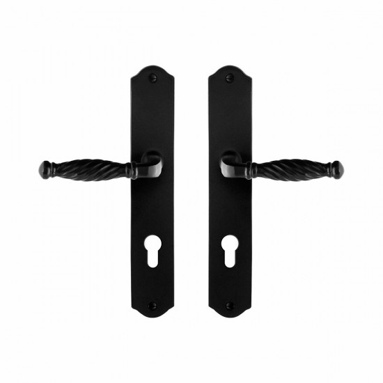 GPF6225.60 SMEEDIJZER ZWART TULI DEURKRUK OP SCHILD PC72, 238X41X4MM
