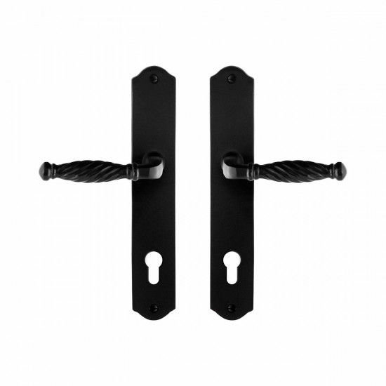 GPF6225.60 SMEEDIJZER ZWART TULI DEURKRUK OP SCHILD PC85, 238X41X4MM