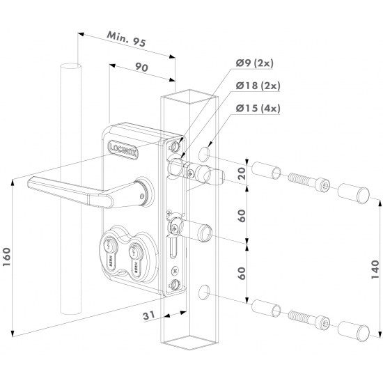 LDKZ30D1LVSZVSZM-6005 - DUBBEL CILINDERSLOT IN OPBOUW VOOR DRAAIPOORTEN VOOR VIERKANT 30 MM PROFIEL IN RAL 6005, 3006M - ALUMINIUM KRUKPAAR & CILINDER 1: VSZ - VERSCHILLEND SLUITEND & CILINDER 2: VSZ - VERSCHILLEND SLUITEND