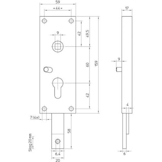 1807 B GARAGESLOT, PC60MM, KRUKGAT 9MM, SLOTKAST STAAL VERZINKT 59X159MM, STANG ONDER, NIET VEREND, M8 AANSLUITING, NACHTFUNCTIE, DR 1+2+3+4.