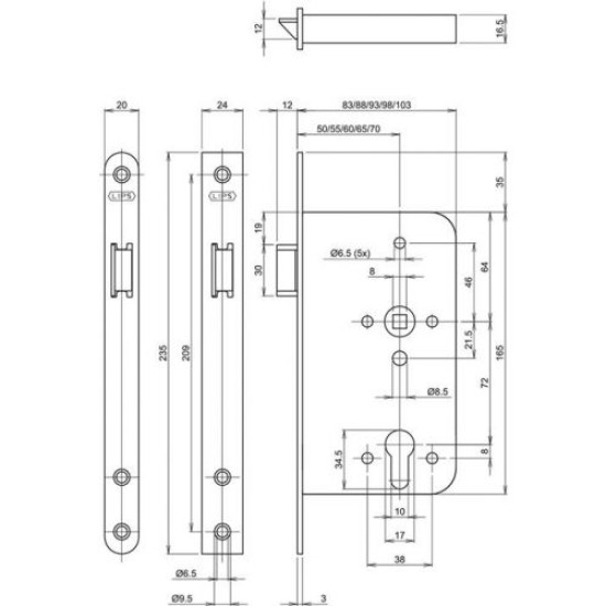 246617U2060 IDS CILINDERLOOPSLOT, DM60MM, PC72MM, KRUKGAT 8MM, VOORPLAAT RVS 20X235MM AFGEROND, INSTELBARE VOORSTAND DAGSCHOOT, DR 1+3/2+4.