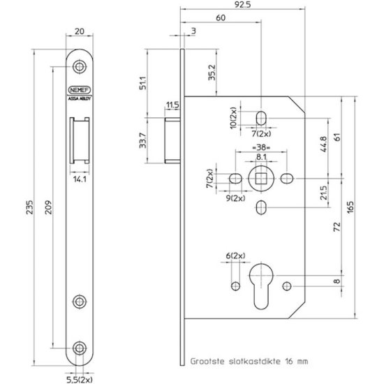Nemef centraalslot - doornmaat 60 mm - PC72 mm - 649/37 - draairichting 1 = DIN Ls