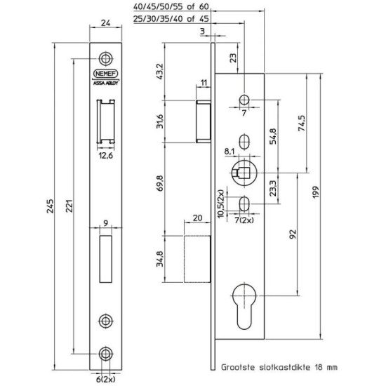 Nemef smalslot 9605/07-45 PC92 Doornmaat 45mm voorplaat RVS 245x24x3 mm