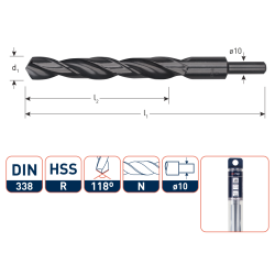 HSS-R SPIRAALBOOR, DIN 338, TYPE N, D2=10, ø13,0