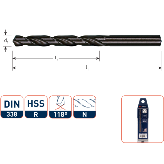 HSS-R SPIRAALBOOR, DIN 338, TYPE N, ø4,2