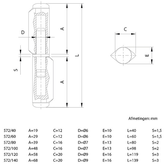 Laspaumel 40mm, Ø10mm, vaste stalen stift Laspaumel 40mm, Ø10mm, vaste stalen stift