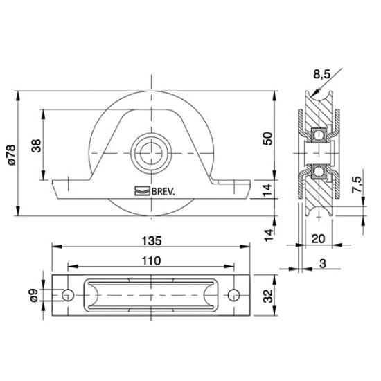 Loopwiel met steun met O-groef 80 mm enkel gelagerd verzinkt
