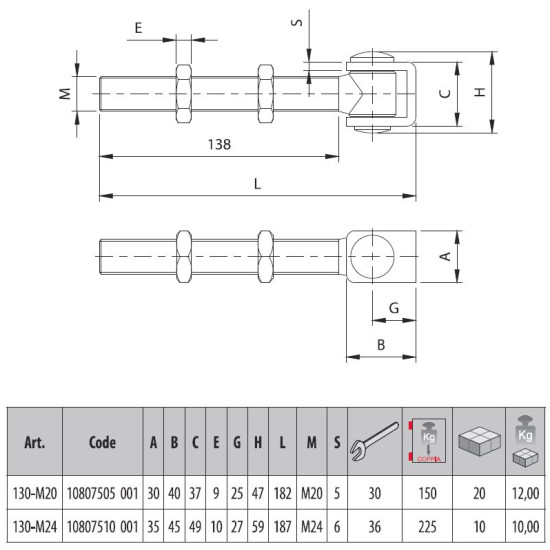 Scharnieren lang verzinkt M20 Met 2 bevestigingsmoeren en U-beugel