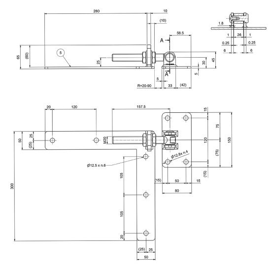 SP-130M20-E - Verstelbaar poortscharnier 300 mm haaks SP-130M20-E - Verstelbaar poortscharnier 300 mm haaks