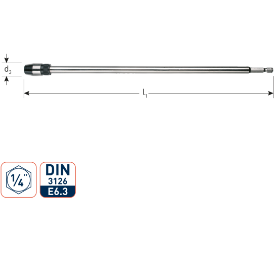 VERLENGSTUK 1/4" E6.3-BIT-AANSLUITING, MET SNELSPAN, L=300