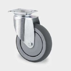 ZWENKWIEL, VORK VAN GEPERST STAAL, VERZINKT, DUBBELE KOGELDRAAIKRANS IN DE ZWENKKOP, WIELAS GESCHROEFD, PLAATBEVESTIGING. WIELKERN VAN POLYPROPYLEEN MET GRIJZE NIET-STREPENDE TENTEPRENE THERMOPLASTISCHE RUBBERBAND, WIELNAAF OP PRECISIEKOGELLAGER, ME ZWENKWIEL, VORK VAN GEPERST STAAL, VERZINKT, DUBBELE KOGELDRAAIKRANS IN DE ZWENKKOP, WIELAS GESCHROEFD, PLAATBEVESTIGING. WIELKERN VAN POLYPROPYLEEN MET GRIJZE NIET-STREPENDE TENTEPRENE THERMOPLASTISCHE RUBBERBAND, WIELNAAF OP PRECISIEKOGELLAGER, ME