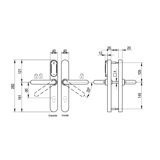 SALTO BLE ORIGINAL+ BESLAG U-KRUK PC72 - ZWART - ZWARTE LEZER - 32-47MM IP56 VOOR ZWARE DEUR