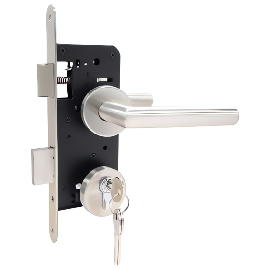 SET VOOR TUINDEUREN IN RVS UITVOERING - RVS DEURROZETTEN EN RECHTE DEURKRUK - GROOTTE SLOTKAST: 72X165MM - DOORNMAAT: 45MM - PC MAAT: 72MM - DUBBELE NACHTSCHOOT - CILINDER 40X40MM MET 3 SLEUTELS - LINKS + RECHTS TOEPASBAAR