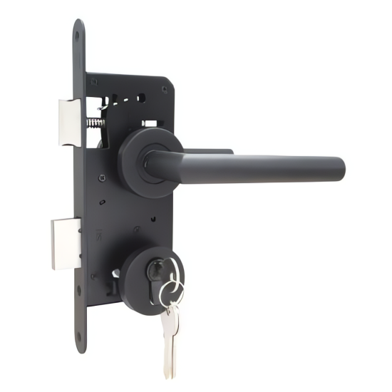 SET VOOR TUINDEUREN IN RVS + ZWARTE STRUCTUURCOATING - RVS DEURROZETTEN EN RECHTE DEURKRUK IN ZWARTE STRUCTUURCOATING - GROOTTE SLOTKAST: 72X165MM - DOORNMAAT: 45MM - PC MAAT: 72MM - DUBBELE NACHTSCHOOT - CILINDER 40X40MM MET 3 SLEUTELS