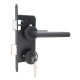 SET VOOR TUINDEUREN IN RVS + ZWARTE STRUCTUURCOATING - RVS DEURROZETTEN EN RECHTE DEURKRUK IN ZWARTE STRUCTUURCOATING - GROOTTE SLOTKAST: 74X170MM - DOORNMAAT: 45MM - PC MAAT: 85MM - DUBBELE NACHTSCHOOT - CILINDER 40X40MM MET 3 SLEUTELS