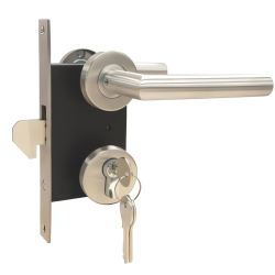 SET VOOR SCHUIFPOORTEN - CILINDER 40X40 MET 3 SLEUTELS - RVS DEURKRUK EN -ROZETTEN - HAAKSLOT 73X115MM - DOORNMAAT: 45MM - PC MAAT: 72MM SP-14 EN SP-15 KUNNEN NIET GEBRUIKT WORDEN IN COMBINATIE MET SP-16 EN SP-17