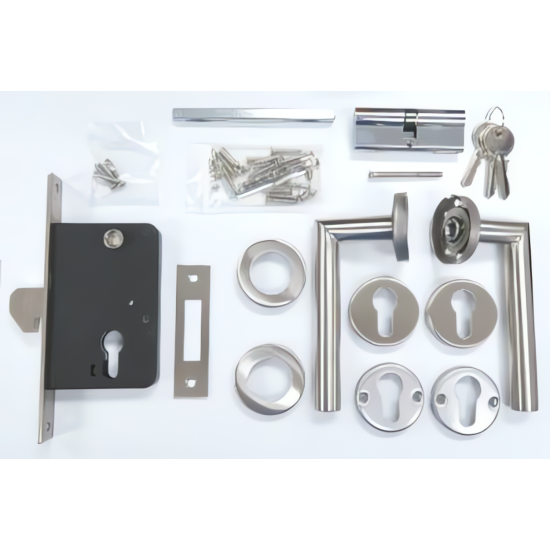 SET VOOR SCHUIFPOORTEN - CILINDER 40X40 MET 3 SLEUTELS - RVS DEURKRUK EN -ROZETTEN - HAAKSLOT 73X115MM - DOORNMAAT: 45MM - PC MAAT: 72MM SP-14 EN SP-15 KUNNEN NIET GEBRUIKT WORDEN IN COMBINATIE MET SP-16 EN SP-17