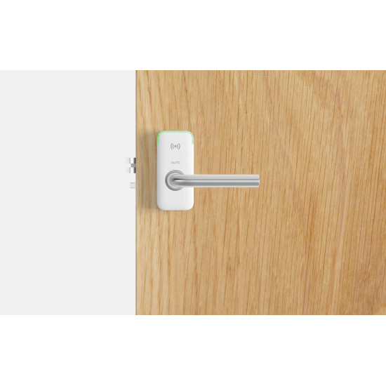 Salto XS4 Mini Elektronisch deurbeslag met U-kruk in geborsteld rvs, witte lezer, deurdikte 47-60 mm