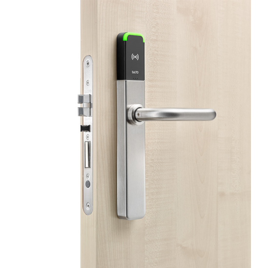 Salto XS4 One Elektronisch deurbeslag met privacy knop met U-kruk in geborsteld rvs, PC92, zwarte lezer, deurdikte 75-90 mm, IP55 Salto XS4 One Elektronisch deurbeslag met privacy knop met U-kruk in geborsteld rvs, PC92, zwarte lezer, deurdikte 75-90 mm, IP55