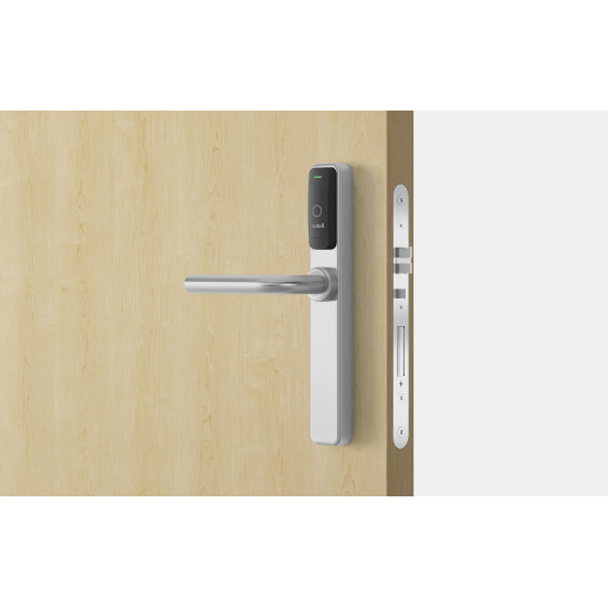 Salto XS4 One S Elektronisch deurbeslag met dubbele lezer met U-kruk in geborsteld rvs, blind, zwarte lezer, deurdikte 32-47 mm