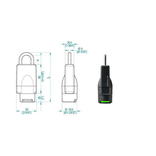 SALTO BLE NEO HANGSLOT KLASSE 3 - VASTE BEUGEL 8X30MM - GEPOLIJST CHROOM - ZWARTE LEZER - ZONDER KETTING