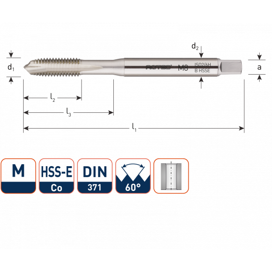 HSS-E MACHINETAP 'OPTI', DOORLOPEND, DIN 371, M8