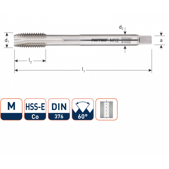 HSS-E MACHINETAP 'OPTI', DOORLOPEND, DIN 376, M12