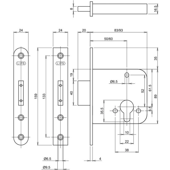 245617T2460 VEILIGHEIDSBIJZETSLOT, SKG**, DM60MM, RC, VOORPLAAT RVS 24X159MM RECHTHOEKIG, DR 1+2+3+4.