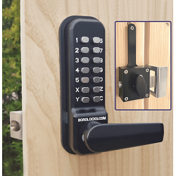 Codeslot voor houten poorten met greep en draaiknop met ECP toetsenbord Codeslot voor houten poorten met greep en draaiknop met ECP toetsenbord