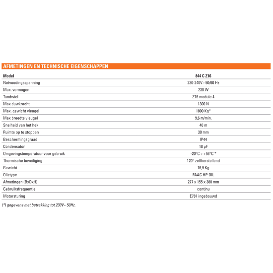 FAAC 844 E R Z16 AANDRIJVING SCHUIFPOORT 230V FAAC 844 E R Z16 AANDRIJVING SCHUIFPOORT 230V